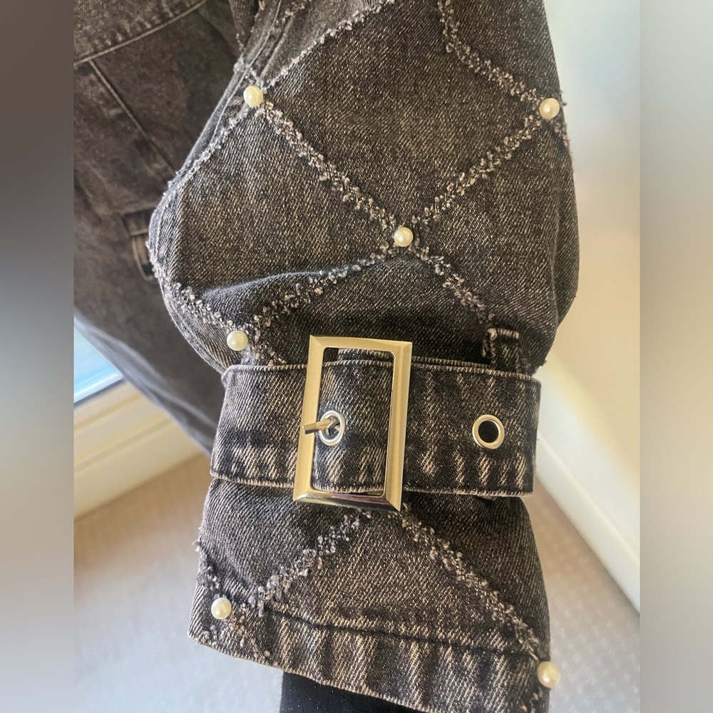 Distressed Denim Trench Coat, Black /Gry. w/ Pearl & Silver Accents, S, M , L - Picture 9 of 16